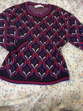 Paco Rabanne Navy Purple Red Patterned Crewneck Sweater